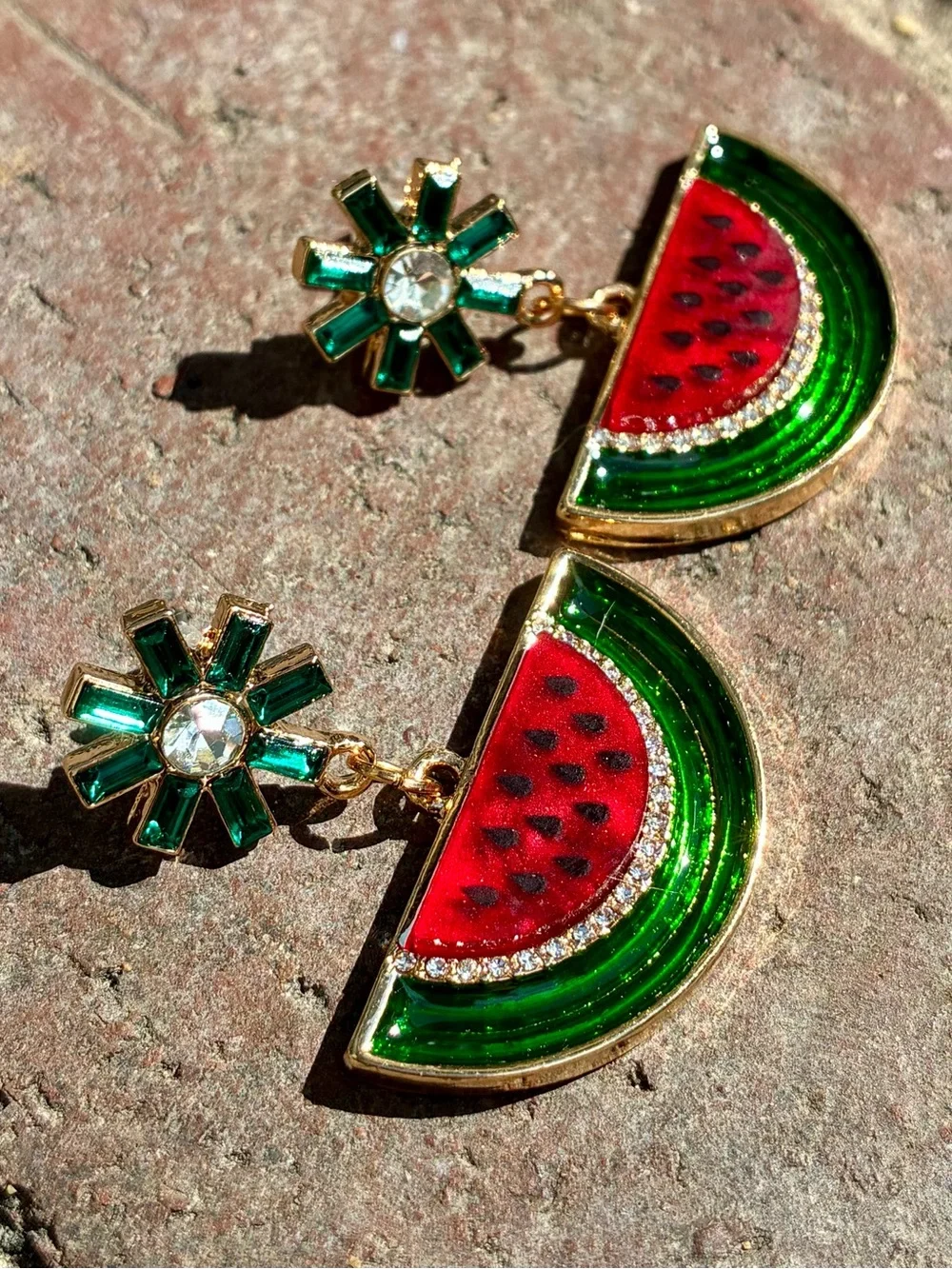🍉 Gold-Tone Watermelon Drop Earrings with CZ and Green and Pink Enamel